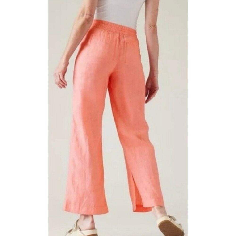 Athleta Retreat 100% Linen Pants Wide Leg Sunset Glow Size 6 Drawstring Pull On - Picture 2 of 14